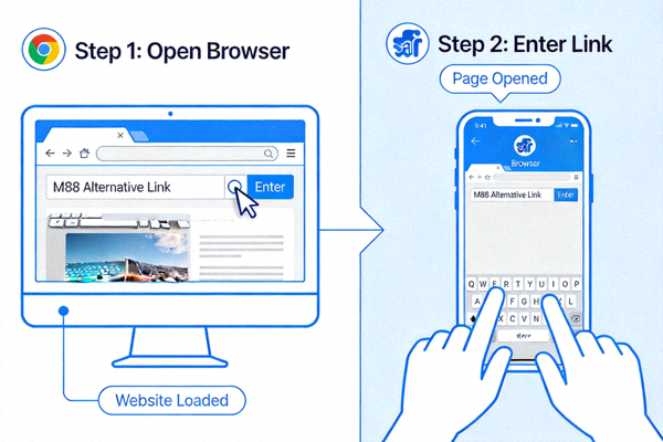 Ilustrasi visual langkah-langkah menggunakan link alternatif M88 di browser komputer dan ponsel
