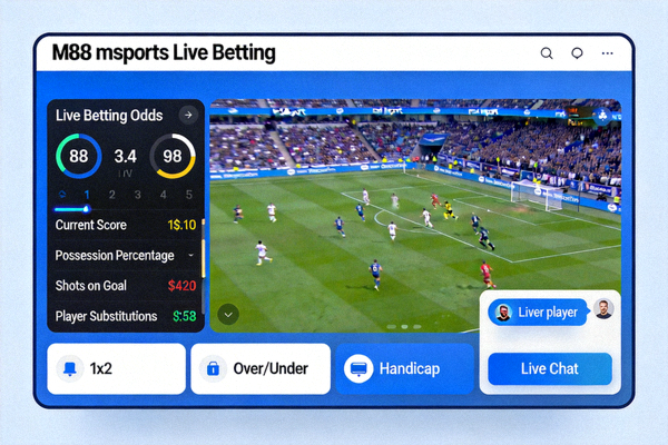 Tampilan fitur live betting atau taruhan langsung di M88 msports dengan statistik pertandingan yang update real-time